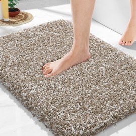 Yimobra Bathroom Rugs Non Slip Washable 24x17, Ultra Soft and Water Absorbent Bath Mats, Plush Fluffy Shower Mat Outside, Microfiber Thick Matts for Bathroom Floor/Sink, Light Brown and White