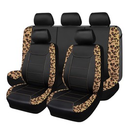 Flying Banner car seat Covers Protects Leopard Printing Velvet Faux Leather Carbon Fiber Front and Rear Bench (Leopard Brown Black, Full Set - 8PCS)