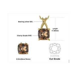 JewelleryPalace Delicate 1ct Cushion Cut Genuine Smoky Quartz Pendant Necklace for Women, 14k Yellow Gold Plated 925 Sterling Silver Necklace for Girl, Natural Gemstone Jewellery Gift 18 Inches Chain
