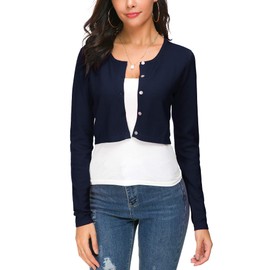 EXCHIC Cárdigan Corto Bolero con Botones y Cuello Redondo para Mujer, Azul Marino, Small