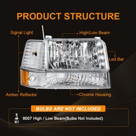 DimFlux LED Headlight, Headlights Assembly Kit Compatible with 1992-1996 Ford F150/F250/F350/Bronco Headlamp W/LED Bar Chrome Housing Amber Reflector