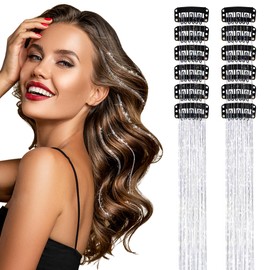 Dalababa 12 Pcs Hair Tinsel Kit, Fairy Clip in Hair Extensions, Glitter Sparkle Party Dazzle Highlights Accessories for Women Girls Party Festival - Silver