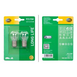 HELLA 8GD 002 078-173 Bulb - P21/5W - Long Life up to 3x longer lifetime - 12V - 5W - Socket Type: BAY15d - Blister - Quantity: 2