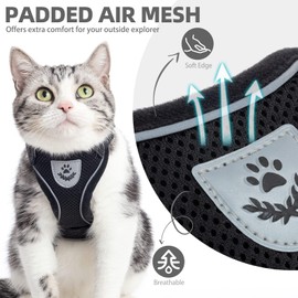 PUPTECK Cat Harness and Leash Set Escape Proof Reflective Cat Walking Harness Adjustable Soft Breathable Mesh Vest for Small Pets, Black, L