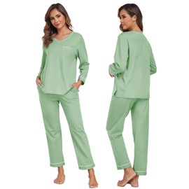 COLORFULLEAF Women's Long Pyjamas 100% Cotton Pyjamas Two Piece Lounge Set V-Neck Sleepwear Long Sleeve Loungewear, sage green, M