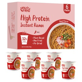 VOLO VERO High Protein (32g) Vegan Instant Ramen Cup, Spicy Beef Flavor, 6 Pack, Plant-Based, Low Carb, Non-Fried, Low Fat, Egg-Free, Dairy-Free, Non-GMO, Healthy Asian Noodle Soup