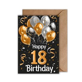 WBdesignz Birthday Card with Envelope - Elegant Birthday Card for 18 Years "Happy Birthday Black Gold Balloons 18th Birthday (A6)