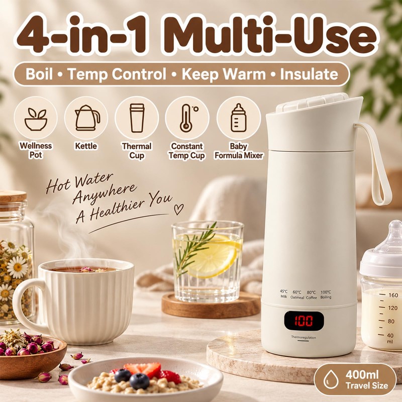 Portable Mini Travel Kettle 400ml with Keep Warm Function, Cream
