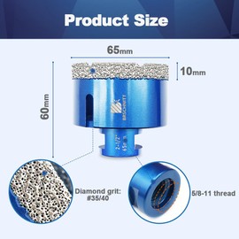 2-1/2 Inch Diamond Core Drill Bit for Porcelain Tile Ceramic Marble Granite Drilling,BRSCHNITT 1pc Vacuum Brazed Diamond Hole Saw with 5/8-11 Thread (65mm)&Adapter