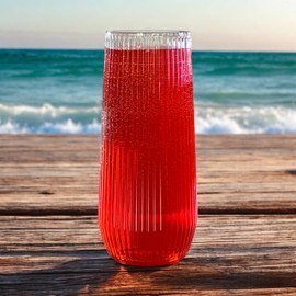 24 Pack Ribbed Ripple Stemless Toasting Glasses, Origami Durable 9 Oz BPA-Free Disposable Plastic Champagne Flutes for Weddings, Bars, Events, and Celebrations (Clear)