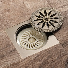 HIDEEP Square Shower Drain for Bathroom Tile Insert with Removable Quadrato Pattern Grate, 6 Inch, Brass,K