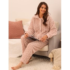 cheibear Womens Fluffy Fleece Pajama Set Soft Warm Pockets Button Down Long Sleeve Sleepwear Pink L