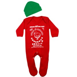 Baby Moo's SRIRACHA Baby Sleepsuit & Hat Set for Boys or Girls | Novelty Funny Cute Chili Sauce Romper Outfit - New baby or Parents Gift or Dress Up Idea UK (0-3 months) Red