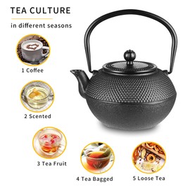 Velaze Cast Iron Teapot Set,1100 ml/37OZ Japanese Cast Iron Teapot [Heat Preservation] with Warmer and Stainless Steel Infuser,Durable Cast Iron with Fully Enameled Interior,Beautiful Hammered Design