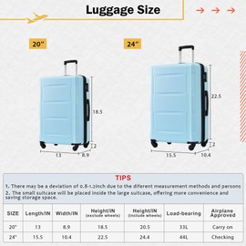 Heemab Lightweight Expandable 2-Piece Luggage Set with Bags, 20" and 24" Suitcase, ABS Material, Light Blue