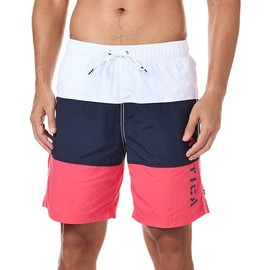 Nautica Men's Quick Dry Classic Logo Tri-Block Series Swim Trunk, Melon Berry, XL