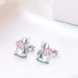 Bunny Stud Earrings for Women Teen Girls 925 Sterling Silver Rabbit with Pink Ear Cute Bunny Easter Gift Jewelry