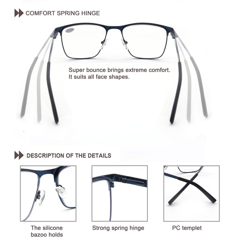 OLOMEE Blue Light Blocking Reading Glasses Mens Full Metal Square