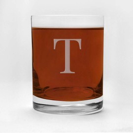 CEDAR CRATE MARKET 4 Piece Glass Set Engraved with T-Letter Monogram, 13.5-Ounce
