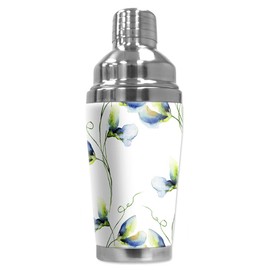 Mugzie 16 Ounce Stainless Steel Cocktail Shaker/Martini Shaker with Wetsuit Cover - Blue & White Watercolor Flowers