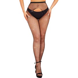 Fohevers Womens Sparkly Fishnet Tights Diamond Fishnet Stockings Glitter Rhinestone Fishnet Stockings Tight with Coloured Diamonds, Black