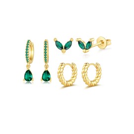 PiercingJak 3 Pairs Golden Earrings Set 14K Gold-Plated Stud Earrings with Green Zirconia Earrings for Women Hanging Huggie Hoop Earrings Small Hoop Rings Helix Tragus Ear Piercing Gold, Copper Cubic