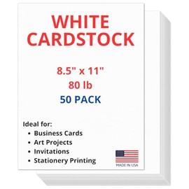 50 Sheets of Heavyweight White Cardstock Ideal for Business Cards, Art Projects, Invitations, and Stationery Printing | 80 lb Weight | 8.5 x 11 inches | Thick Cover Stock (216 gsm) |