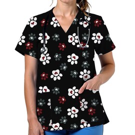 VillbeCoser Scrubs for Women V Neck Cute Printed Scrub Tops Women Nurse Shirt Soft Casual Uniform(D3338-Black M)