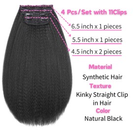 Kinky Straight Clip in Hair Extensions for Black Women Full Head Yaki Kinky Straight Synthetic Hair Clip ins Hair Natural Black 4Pcs 11 Clips 125g/Set (14 inch)