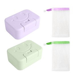 PFLYPF Soap Dish 2 Pack with 2 Soap Bags, Travel Soap Dish with Lid, Portable Soap Dish for Camping, Home, Bathroom (Purple, Green)
