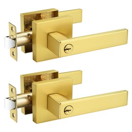 Probrico 2 Pack Gold Entry Door Lever Lock,Antique Brass Heavy Duty Interior Front Door Handles with Key, Entrance Exterior Lockset Each with 3 Same Keys