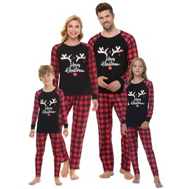VENTELAN Matching Family Pajamas Glow in The Dark Christmas Clothes Red Plaid Set Holiday Sleepwear