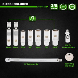 10PCS 3/8" Drive Magnetic Spark Plug Socket Set, Swivel Spark Plug Socket, 9/16", 5/8", 3/4", 13/16", 14, 16, 18mm, Universal Joint & Extension Bar, CR-V, Enhanced Magnetic Design