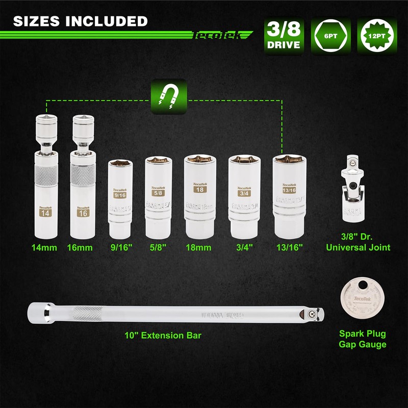 10PCS 3/8" Drive Magnetic Spark Plug Socket Set, Swivel Spark