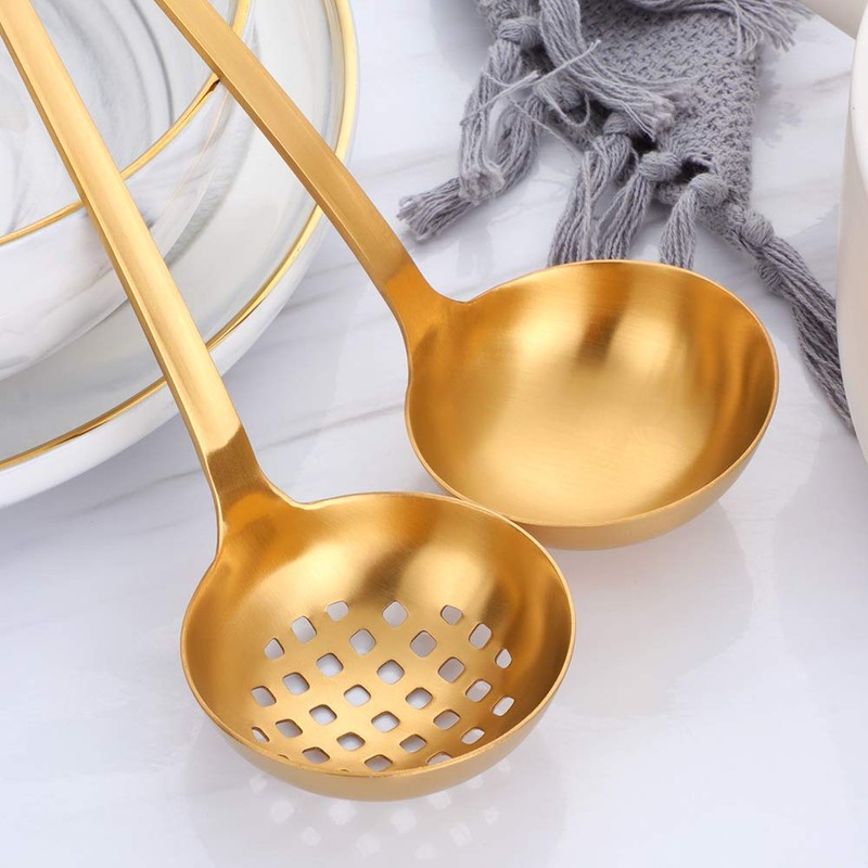 2 Pieces Gold Metal Soup Ladle Colander Set, Long Handle