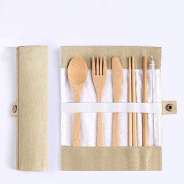 6 Pcs Bamboo Travel Cutlery Knife Fork Spoon Chopsticks Straw Brush Set Bamboo Utensils Camping Flatware Set