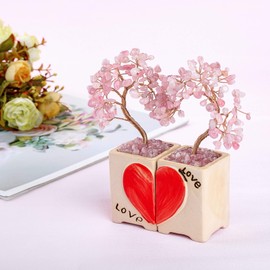 JSDDE Feng Shui Tree Heart Puzzle Shape Tree of Life Money Tree with Ceramic Vase Healing Stone Lucky Charm Tree Tumbled Stones Lucky Tree Home Home Table Office Decoration (Rose Quartz) Pack of 2