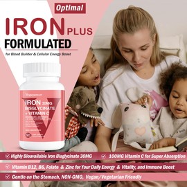 Iron Supplements for Women Men, Vegan Iron Bisglycinate 30mg Plus Vitamin C, B12, Folic Acid - Iron Pills for Anemia, Health Blood & Energy Support - Gentle, High Absorption, Non-GMO - 90 Capsules
