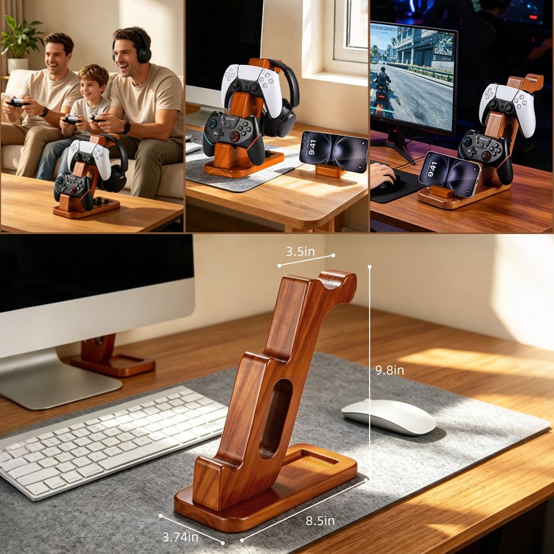Solid Wood Headphone Stand with Dual Controller Holder
