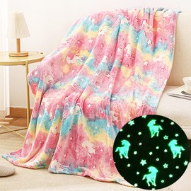 Happwow Glow in The Dark Blanket,Unicorn Kids Blanket Girls Soft Throw Fuzzy Blankets Rainbow Unicorns,50" x 60" Perfect for Kids Bed or Sofa,Kids Thanksgiving Christmas Birthday Unicorn Gifts