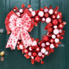 14'' Valentine Wreath Heart Door Wreath for Front Door Wall Window Romantic Decor, 2 Tier Plastic Valentines Day Love Heart Wreath with Bowknot for Valentine's Day Wedding Party (Red Pink)