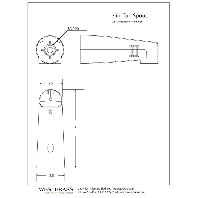 Westbrass A507-1F-26 7" Reach Wall Mount Tub Spout, Polished Chrome