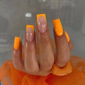 ONPRESS 24Pcs Orange Fake Nails Medium Square Press on Nails Bright Orange French Tips Acrylic False Nails Solid Color Full Cover Glossy Glue on Nails Reusable Artificial Stick on Nails for Women