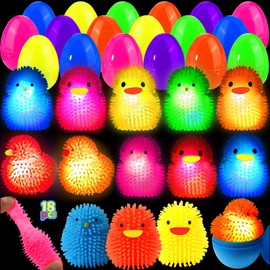 18 Pack Easter Eggs Fillers LED Chick Puffer Balls, Easter Basket Stuffers with Light Up Stress Relief Fidget Toys Squeeze Ball, Easter Egg Hunt Party Favor for Kids Boys Girls Toddler Teens