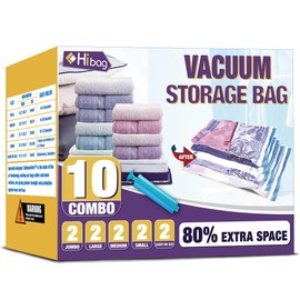 HIBAG Vacuum Storage Bags, 10-Pack Vacuum Seal Bags for Clothing Clothes, Space Saver Bags (2 Jumbo, 2 Large, 2 Medium, 2 Small, 2 Roll-up) with Pump (10-Combo)