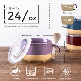 GBHOME Ceramic Soup Mugs with Handles and Lids,24 OZ Soup Cups Set of 2 with Terracotta Underside,Mug Bowls with Spoon for Soup/Cereal/Salad/Noodles/Ramen/Microware &Dishwasher Safe-Green&Purple