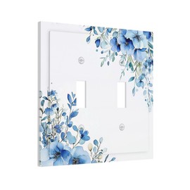 VGHOKO Decorative Switch Plate Cover with Blue Watercolor Hand-Painted Botanical Floral Art Design 2 Gang Wall Plate Unique Double Toggle Double Light Switch Covers for Bedroom Wall Decor
