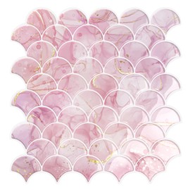 VEELIKE 12 Sheets Fish Scale Backsplash Tiles Peel and Stick Wall Tiles Pink Stick on Tile Backsplash for Kitchen Bathroom 12''x12'' Waterproof Adhesive Backsplash Tiles for Laundry Room Fireplace