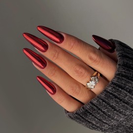 24 Pcs Coffin Press on Nails Long, Sunjasmine Fake Nails Glue on Nails, Glossy False Nails with Glue, Acrylic Nails for Women and Girls (Chrome Red)