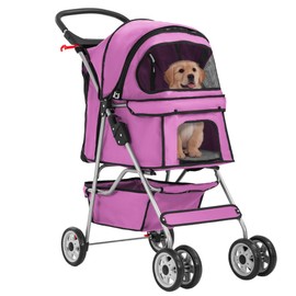 FDW Pet Stroller 4-Wheel Dog Cat Stroller Travel Folding Carrier Puppy Stroller with Cup Holder and Removable Liner for Small Medium Dogs Cats, Pink